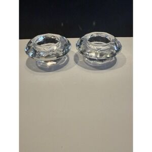 Pair Faceted Crystal Tealight Candle Holders Round Clear Glass 3 Inch